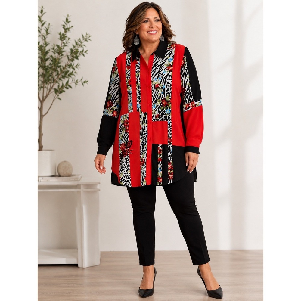 Brylane Woman Red Black Patchwork Animal Print Floral Button Up Tunic Top 16W